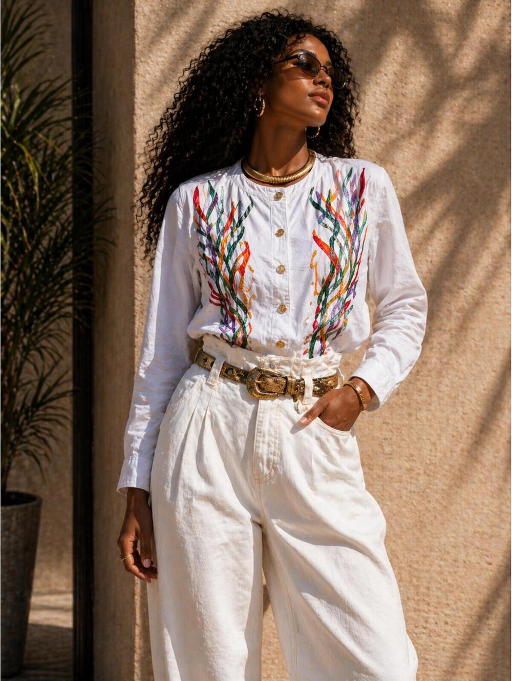 Bob Mackie Embroidered Jacket Shirt Belted Y2K Art Top
